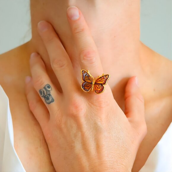 Baltic Amber Gold Butterfly Ring- 14k Gold Plated S925 - Picture 3 of 7